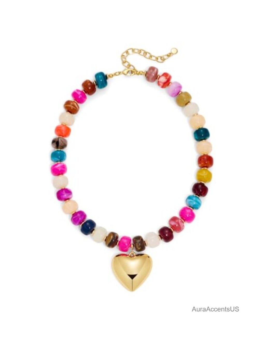 Chunky Heart Necklace for Women Colorful Resin Beaded Choker Gold Puffy Heart